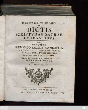 Dissertatio Theologica De Dictis Scriptvrae Sacrae Probantibvs