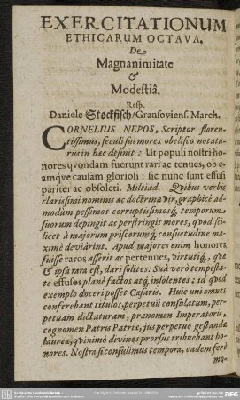 Exercitationum Ethicarum Ocatva, De Magnanimitate & Modestiâ
