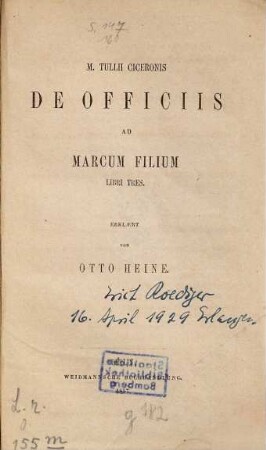 M. Tullii Ciceronis de officiis ad Marcum filium libri tres