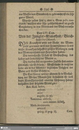 Das LVI. Cap. Von der Jungfer-Kranckheit, Bleichsucht, De Chlorosi