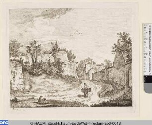 Landschaft mit auf einem Esel reitender Frau