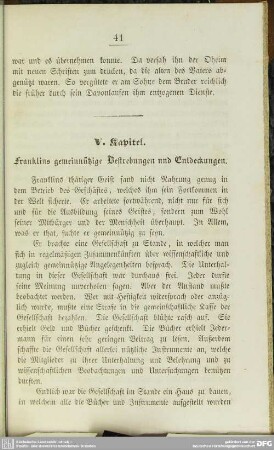 V. Kapitel. Franklins gemeinnützige Bestrebungen und Entdeckungen