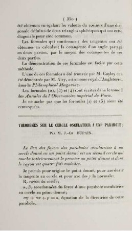 Théorémes sur le cercle osculateur a une parabole.