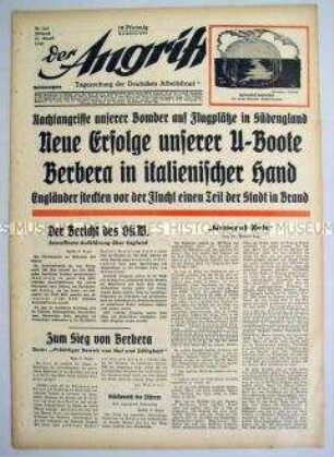 Tageszeitung "Der Angriff" u.a. zum U-Boot-Krieg gegen England und zum Krieg der Italiener in Afrika