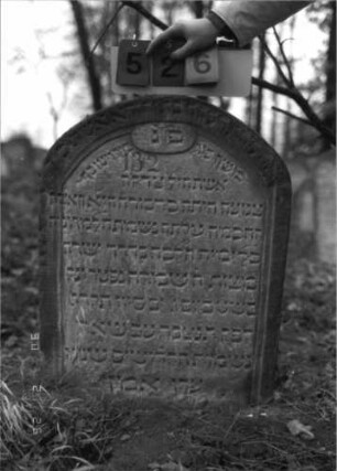 Grabstein 526 (Index: 100115430) Material: Sandstein Zustand: verwittert Maße HxBxT: 87x64x11 cm Beschreibung: Stele mit Rundbogenabschluß, eingetieftes Schriftfeld, weiteres Schriftfeld am Rundbogen: Grabstein 526