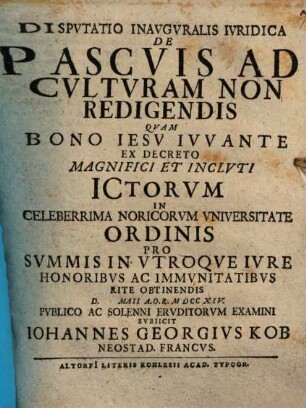 Disputatio inavgvralis ivridica de pascvis ad cvltvram non redigendis