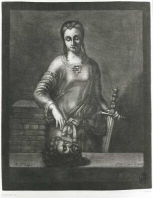 Quiter, Herman Hendrik de : Judith mit dem Haupt des Holofernes. Schabkunstblatt; 23,2 x 18,9 cm. Dresden: Kupferstich-Kabinett 135494 in A 190 a
