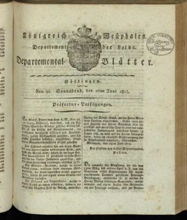 Nro 51. Sonnabend, den 26ten Juni 1813 [-] Nro 60. Mittwoch, den 28ten Juli 1813