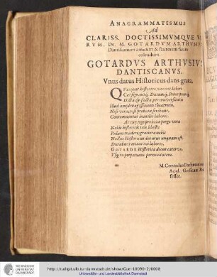 Anagrammatismus Ad Clariss. Doctissimvmqve Vervm, Dn. M. Gotardum Arthusiv Dantiscanum amicum & sautorem suum colendum