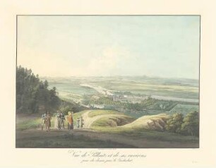 Ansicht von Pillnitz vom Zuckerhut aus gesehen, kolor. Konturenstich, um 1830 : Vue de Pillnitz et de ses environs prise du chemin pour le Zuckerhut / C. A. Richter fec. - Dresden : E. Arnold , [ca. 1830]. - 1 Kunstblatt : color. Stich ; 53 x 39 cm