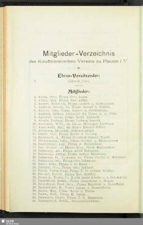 Mitglieder-Verzeichnis des Kaufmännischen Vereins zu Plauen i.V.