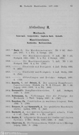 Abt. H. Mechanik. Maschinenlehre : Baumechanik. Festigkeitslehre. Graphische Statik. Hydraulik. - Maschinenbau. Maschinenzeichnen
