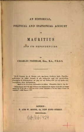 An historical, political and statistical account of Mauritius and its dependencies