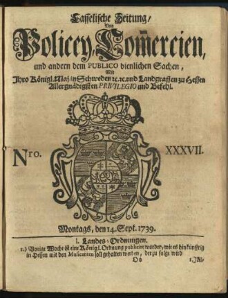 Nro. XXXVII, Montags, den 14. Sept. 1739