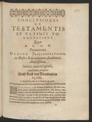 Conclusiones De Testamentis Et Ultimis Voluntatibus. [...] Wolff Erich von Brandenstein Eq. Misn.