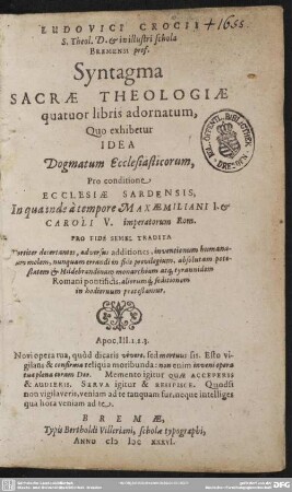 Syntagma sacrae theologiae : quatuor libris adornatum pro conditione ecclesiae Sardensis