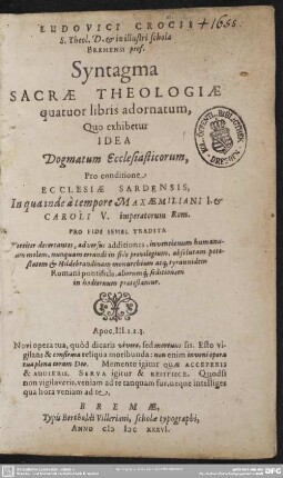 Syntagma sacrae theologiae : quatuor libris adornatum pro conditione ecclesiae Sardensis