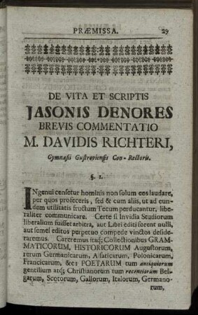 De Vita Et Scriptis Jasonis Denores Brevis Commentatio M. Davidis Richteri.