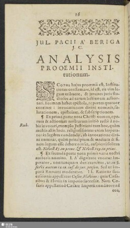 Jul. Pacii A Beriga J. C. Analysis Prooemii Institutionum