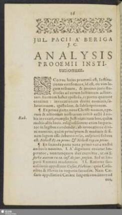 Jul. Pacii A Beriga J. C. Analysis Prooemii Institutionum