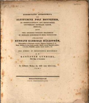 Diss. astr. de altitudine poli Bonnensis, ex observationibus ope instrumenti universalis Erteliani factis deducta