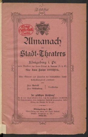 1903/1904: Almanach des Stadt-Theaters zu Königsberg i. Pr.