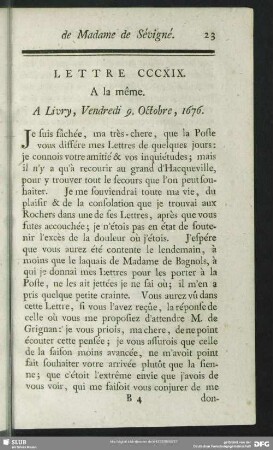 Lettre CCCXIX. A la même. A Livry, Vendredi 9. Octobre, 1676