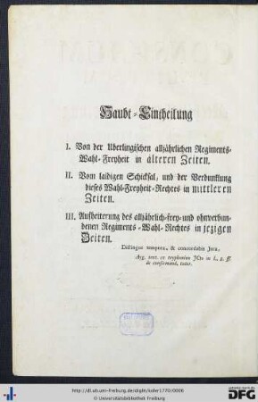 Haubt-Eintheilung.