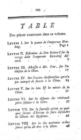 Table des pieces