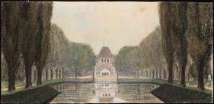 Osterholzer Friedhof, Bremen: Perspektivische Ansicht mit Blick über das Wasserbecken vor der Hauptkapelle auf dieselbe