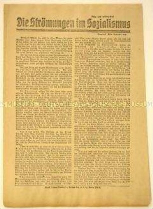 Flugblatt mit Abdruck des Artikels "Die Strömungen im Sozialismus" zur Spaltung der Sozialdemokratie aus der Zeitung "Vorwärts" von Mitte November 1918: Durch Demokratie zum Sozialismus