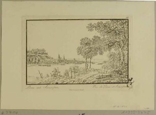 Stadtansicht von Pirna mit dem Sonnenstein und der Marienkirche von Nordosten über die Elbe