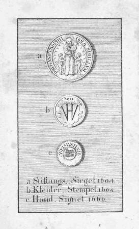a. Stiftungs-Siegel 1604; b. Kleider-Stempel 1604; c. Hand-Signet 1660.