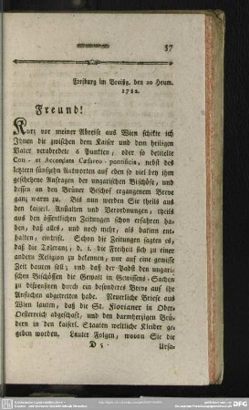 Freiburg im Breißg. den 20 Heum. 1782. Freund!