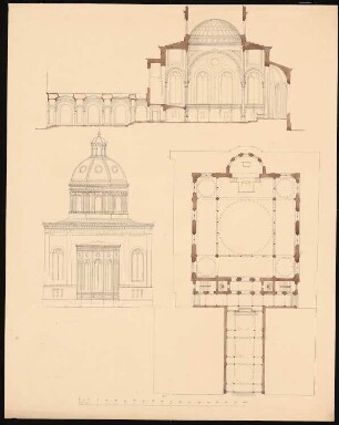 Neue Synagoge, Berlin Vorstudien: Ansicht, Grundriss und Schnitt