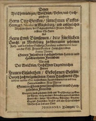 Denen WolEhrwürdigen [...] Herrn Otto Geriken [...] Herrn Ernst Bünssouen [...]