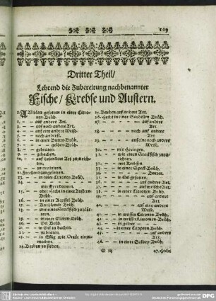 Dritter Theil, Lehrend die Zubereitung nachbenannter Fische, Krebse und Austern