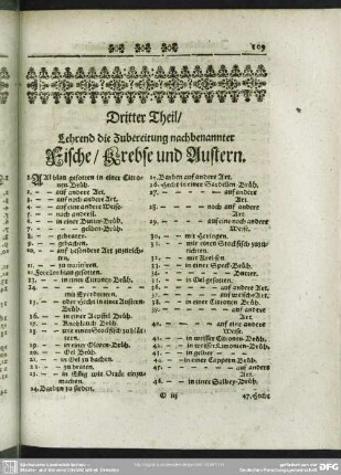 Dritter Theil, Lehrend die Zubereitung nachbenannter Fische, Krebse und Austern