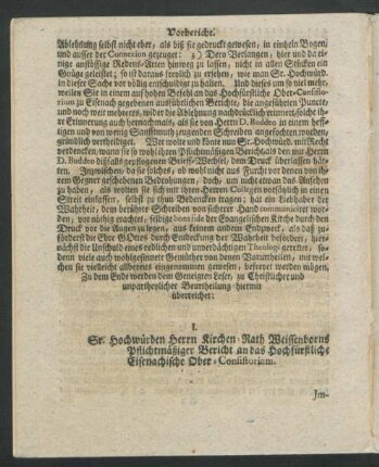 I. Sr. Hochwürden Herrn Kirchen-Rath Weissenborns Pflichtmäßiger Bericht an das Hochfürstliche Eisenachische Ober-Consistorium
