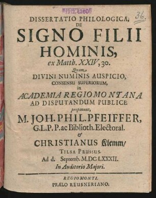 Dissertatio Philologica, De Signo Filii Hominis, ex Matth. XXIV,30.