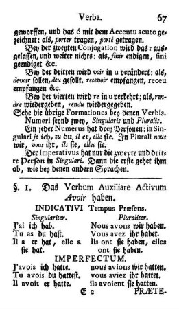 §. 1. Das Verbum Auxiliare Activum Avoir haben.