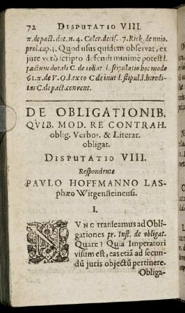 De Obligationib. Quib. Mod. re Contrah. oblig. Verbo. & Literar. obligat. Disputatio VIII.