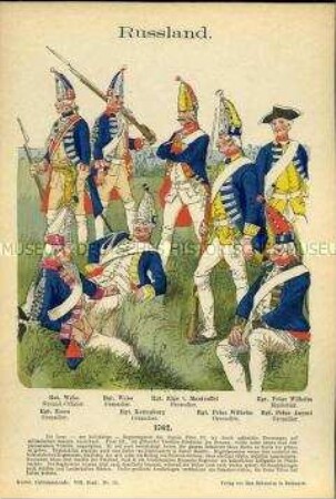 Uniformdarstellung, Grenadiere, Offizier und Musketier verschiedener Infanterie-Regimente, Russland, 1762.