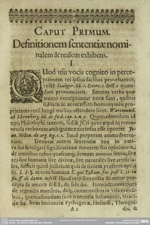 Caput Primum. Definitionem sententiae nominalem & realem exhibens