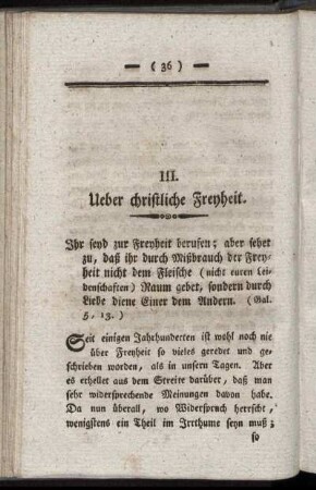 III. Ueber christliche Freyheit.
