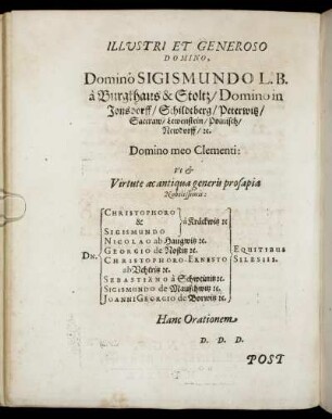 Illustri Et Generoso Domino, Domino Sigismundo L. B. a Burgthaus & Stoltz / [...] Dn. Christophoro a Kräckwitz & Sigismundo a Kräckwitz [...]