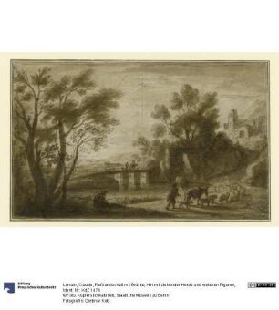 Flußlandschaft mit Brücke, Hirt mit ziehender Herde und weiteren Figuren
