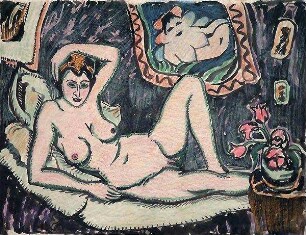 Liegender Frauenakt mit Tulpenstrauß