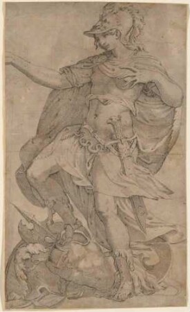 Minerva auf einer Rüstung stehend