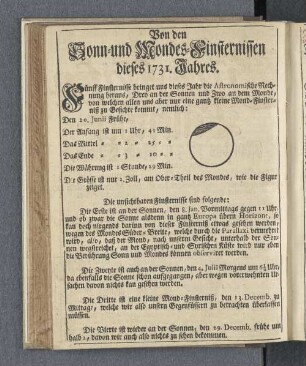 Von den Sonn- und Mondes-Finsternissen dieses 1731. Jahres.